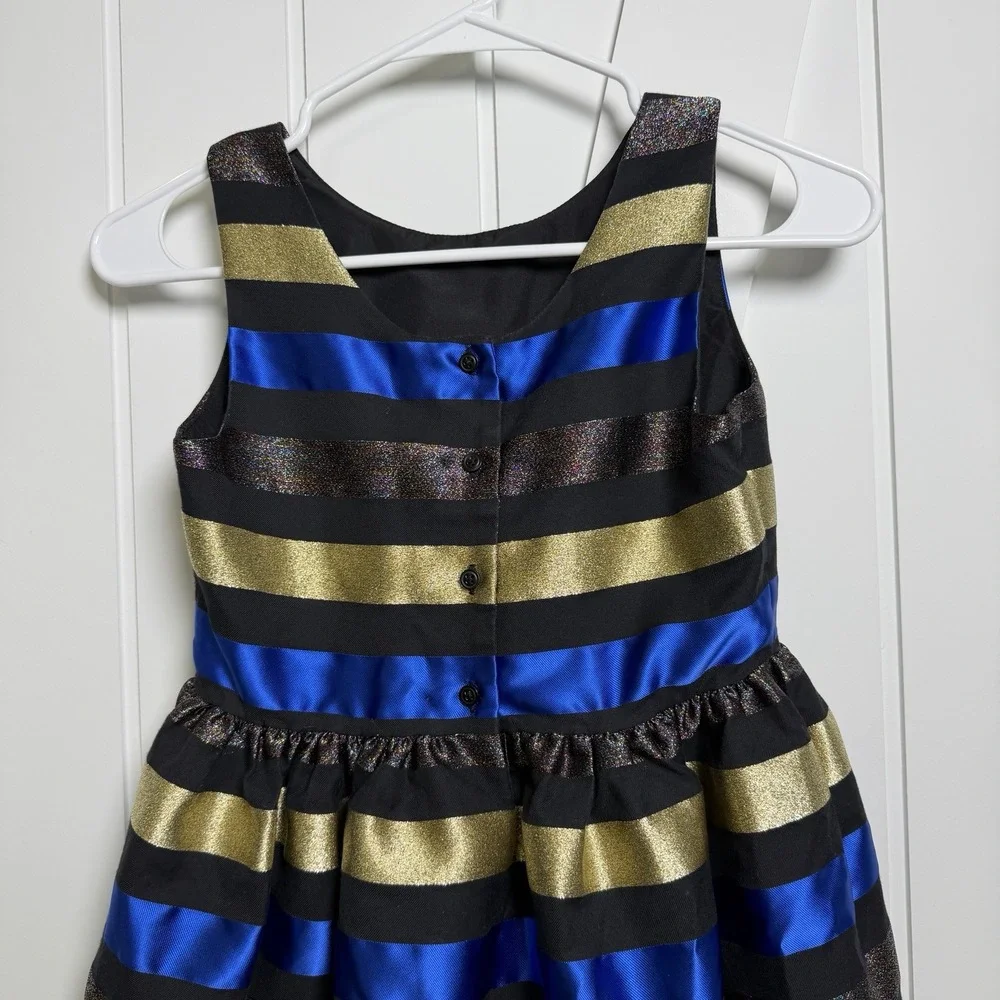 Gymboree Girls holiday party dress Size 10 Striped Blue Gold Black Preppy